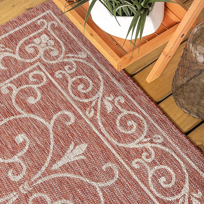 JONATHAN Y Vintage Filigree Indoor Outdoor Runner Rug 2X10 Red/Beige, Charleston Textured Weave for Backyard, Patio, Porch, Easy-Cleaning, High Traffic, Pet-Friendly, Non-Shedding (SMB106B-210)