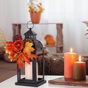 NEEDOMO Fall Decorations for Home, 15'' Fall Lantern Indoor Outdoor Thanksgiving Decor, Vintage Metal Hanging Candle Holders with Fall Teardrop Wreath and LED Candle for Patio, Porch, Table