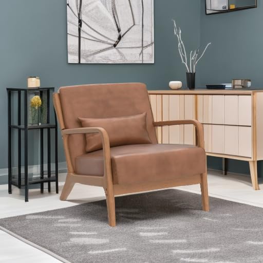 INZOY Mid Century Modern Accent Chair with Wood Frame, PU Leather Reading Armchair with Waist Cushion, Upholstered Living Room Chairs for Bedroom Sunroom (Camel)