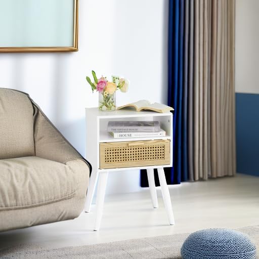 MaxSmeo White Nightstand with Drawer, Mid Century Modern Nightstand, Rattan Side Table, End Table with Storage for Living Room, Bedroom and Small Spaces, Easy Assembly (White)