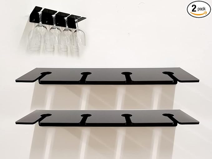 WANLIAN Wine Glass Holder (Pack of 2), Wall Mounted Acrylic Holder for Reception Party and Kitchen Tableware Storage (Black)