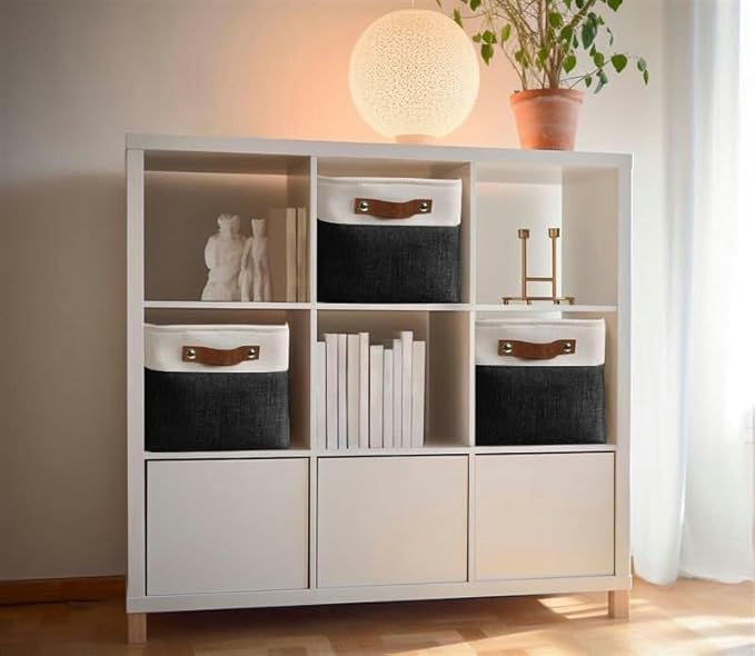 DECOMOMO Storage Bins Fabric Storage Baskets for Shelves, Linen Closet Organization Toys Nursery (Black and White, Large - 3 Pack)