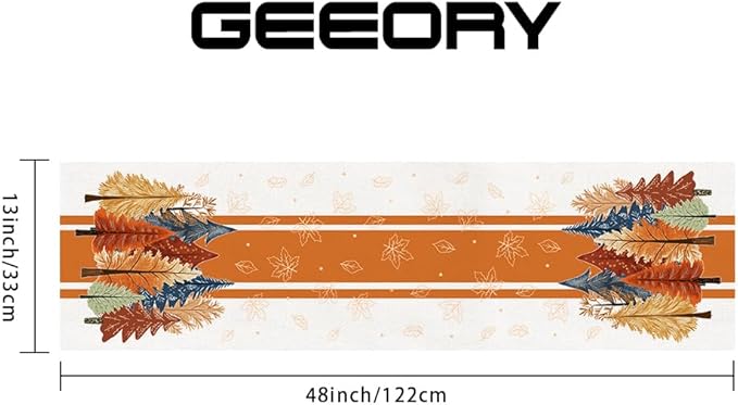 GEEORY Fall Watercolor Trees & Maple Leaves Striped Table Runner 13x48 Inch, Rustic Farmhouse Autumn Thanksgiving Decor for Kitchen, Dining, Indoor/Outdoor Holiday Dinner Party Orange GT157-48