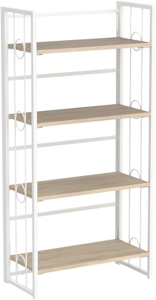 4NM No Assembly 4 Tiers Folding Bookshelf, 47.2" H Foldable Storage Shelves Vintage Bookcase Standing Racks Study Organizer Home Office - Natural White