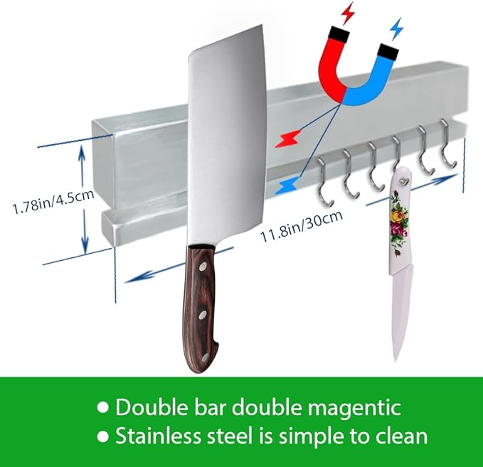 YIIYIIN 12" Premium 304 Stainless Steel Double-Sided Magnetic Knife Holder for Wall or Fridge -with Adhesive Strip, No Drill -6 Hooks Included for Kitchen Utensils