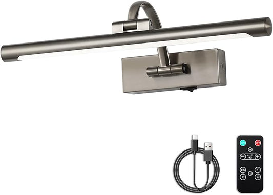 Battery Operated Picture Lights for Wall, Wireless Painting Lights Dimmable Artwork Lighting with Remote and Timer, Rechargeable Art Lights for Paintings-Brushed Grey 16'' inch Warm White