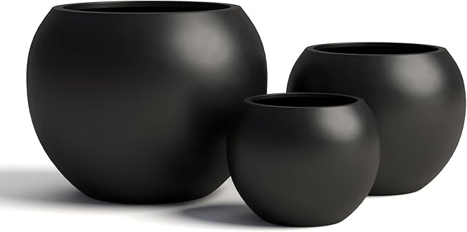 DTY Signature Mount Sherman Lightweight Durable Modern Fiberstone Sphere Planter for Indoor & Outdoor Drainage Hole & Rubber Plug Weather Resistant, 13.5" H x 17" Dia, 12" Opening- Medium, Black