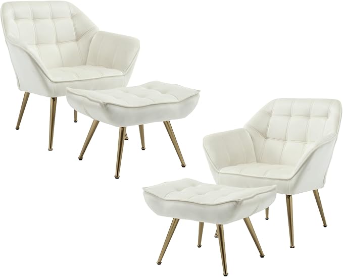 Modern Velvet Accent Chair with Ottoman Set of 2, Upholstered Lounge Chair with Footrest, Comfy Living Room Chair with Gold Legs Accent Side Chair Armchair for Small Space Bedroom, Beige