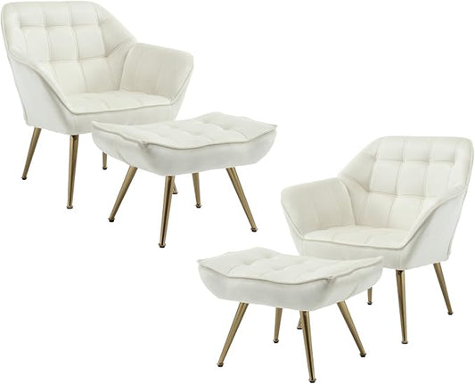 Modern Velvet Accent Chair with Ottoman Set of 2, Upholstered Lounge Chair with Footrest, Comfy Living Room Chair with Gold Legs Accent Side Chair Armchair for Small Space Bedroom, Beige