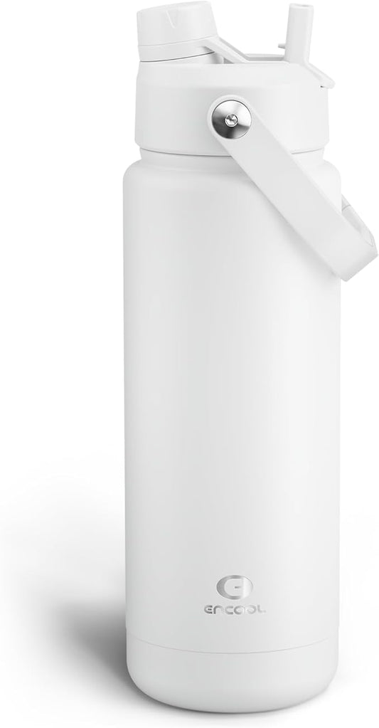 Insulated Water Bottle with Straw Stainless Steel Water Bottle, Leak-Proof, BPA-Free, Double Wall Vacuum Keeps Cold for 24 Hours for Sports, Travel, School (32 oz, Polar White)