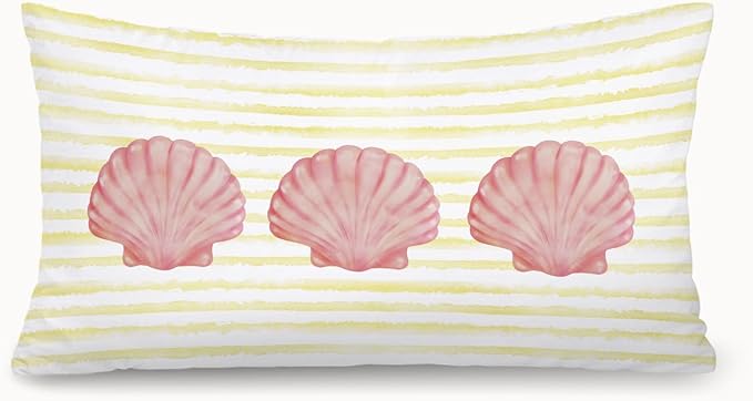 Coastal Girly Room Decor 12x20 Pillow Cover, Preppy Beach Pink Seashell Yellow Striped Decorative Lumbar Pillow Covers for Girls Bedroom College Dorm Sofa Couch
