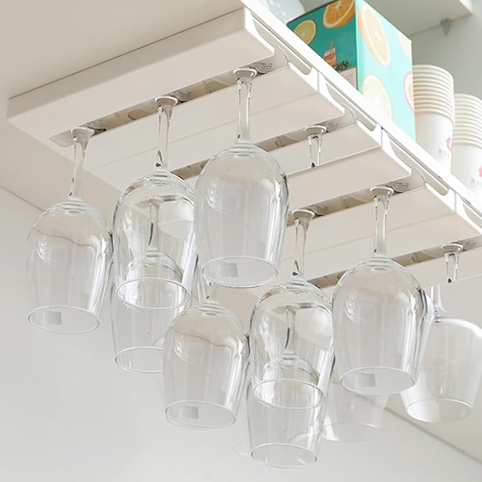 Wine Glass Holder Under Shelf or Cabinet Punch-free,Wine Glass Rack Stemware Rack Glassware Drying Storage Hanger for Kitchen,Bar and Restaurant (White)