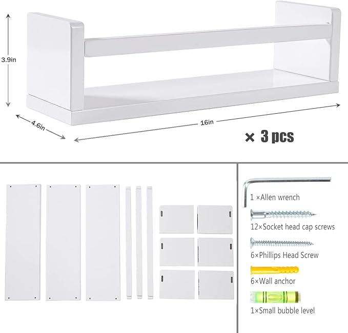 AZSKY Floating Bookshelf for Kids Room White Nursery Shelves Picture Ledge Wall Shelves for Bathroom Decor Kitchen Spice Rack Book Shelf Photo Organizer for Baby Nursery Décor 16 Inch Set of 3