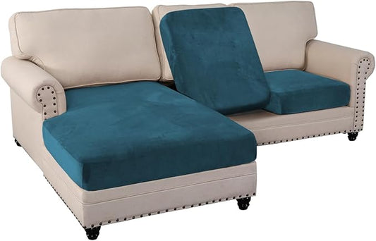 PrinceDeco Sectional Couch Covers 3 Pieces Velvet Sofa Covers L Shape Soft Couch Covers for Sectional Sofa Corner Sofa Cover Couch Cover for Dogs Washable (2 Seater + 1 Chaise,Deep Teal)