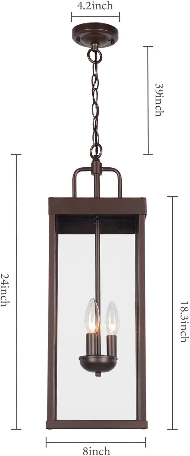 Large Outdoor Pendant Lantern Light Fixture for Front Porch, 24 Inch 3-Light Bronze Exterior Hanging Chandelier with Clear Glass, Outdoor Indoor Pendant Lamp for Patio, Gazebo, RZ008L-H ORB