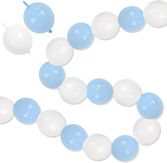 Blue and White Link Balloons, 60PCS Baby Light Blue White Linking Balloons with Tail for Making Balloon Wall Arch and Chains, Quick Balloon for Wedding Birthday Baby Shower Party Decorations (6inch)