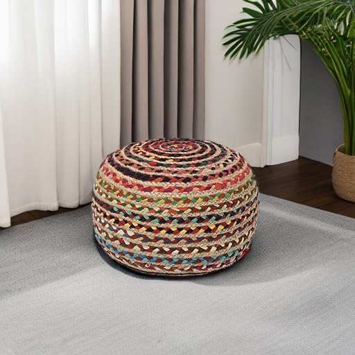 REDEARTH Round Pouf Ottoman - Braided Boho Poof Home Décor Pouffe Accent Sitting Circular Foot Rest for Living Room, Bedroom, Nursery, Kidsroom, Lounge; Jute and Cotton (19.5"x19.5"x14"; Multi)
