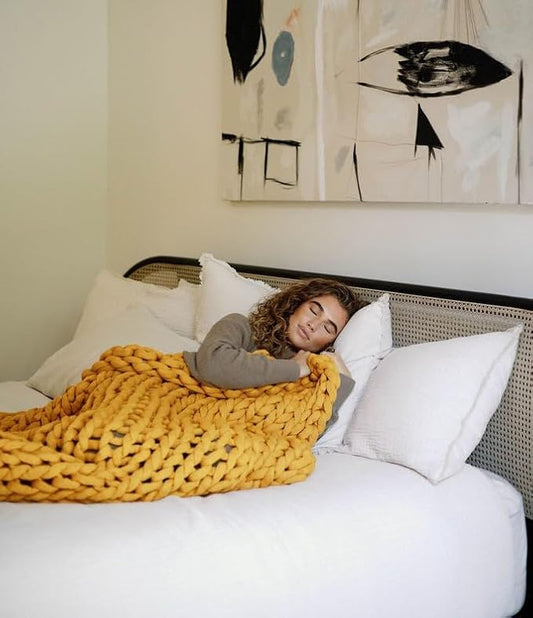 Nuzzie Chunky Knit Blanket - Breathable, Cooling, Hand Made Knit Throw Blanket for Sleep - Machine Washable, Stylish Decor Design (Marigold, Throw | 12lbs | 44"x60")