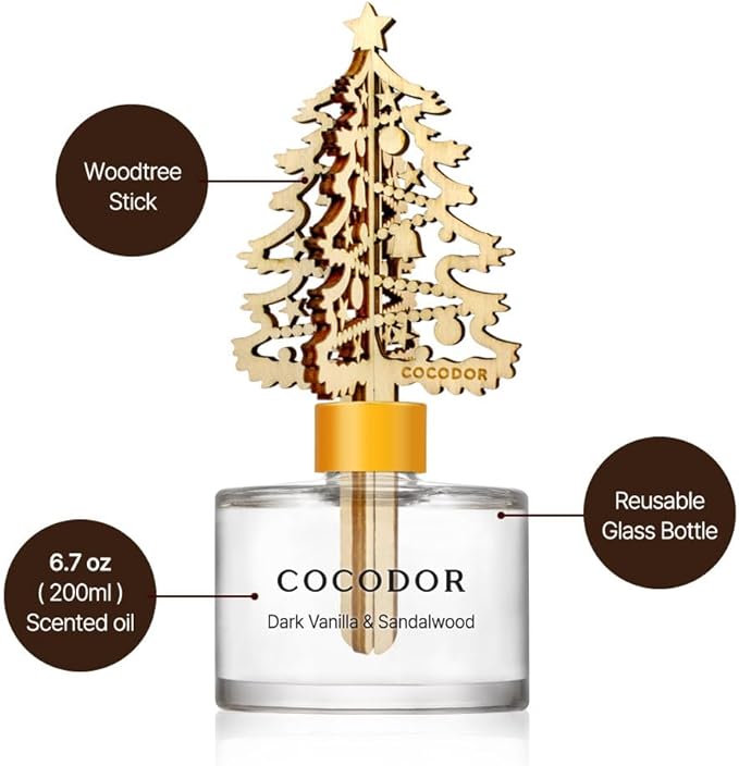 COCODOR Christmas White Tree Reed Diffuser/Snow Dark Vanilla&Sandalwood/ 6.7oz / Scent Fragrance Oil Diffuser for Bedroom Bathroom Home Décor for Xmas