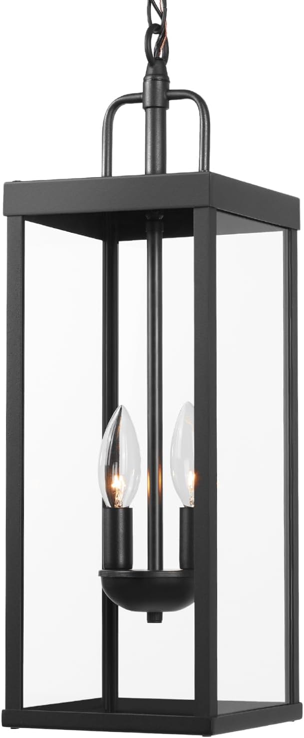 Large Outdoor Pendant Lantern Light Fixture for Front Porch, 20 Inch 2-Light Black Exterior Hanging Chandelier with Clear Glass, Outdoor Indoor Pendant Lamp for Patio, Gazebo, Entryway, Doorway