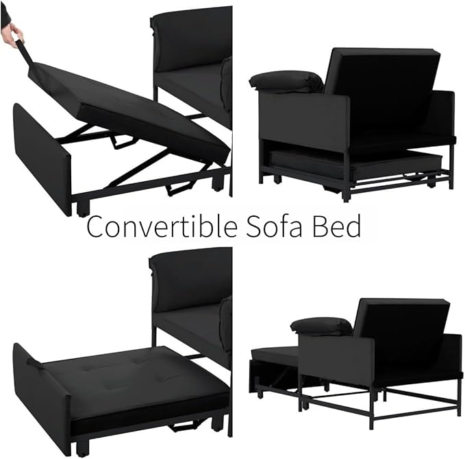 Pull Out Sofa Bed, Convertible Sleeper Chair Bed with Lumbar Pillow, 3-in-1 Sofa Chair with 3 Adjustable Backrest, Armchair Sleeper Small Couch for Small Spaces Living Room Black
