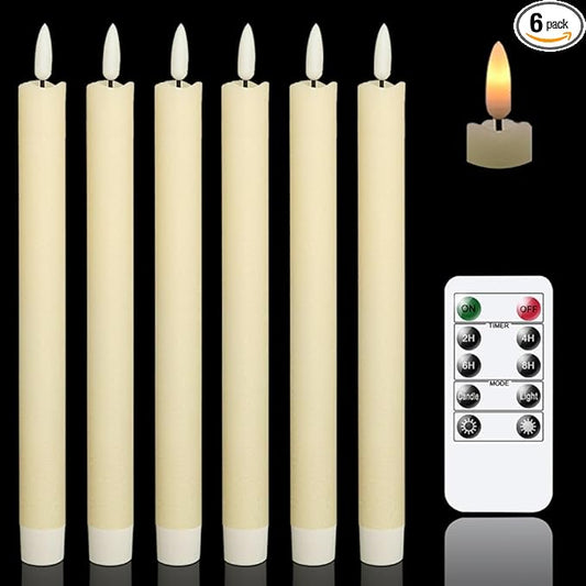 GenSwin Flameless Ivory Taper Candles Flickering with 10-Key Remote, Battery Operated Led Warm 3D Wick Light Window Candles Real Wax Pack of 6, Christmas Home Wedding Decor(0.78 X 9.64 Inch)