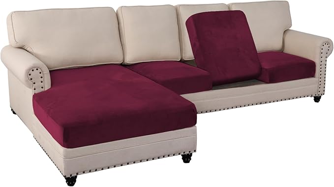PrinceDeco Velvet Couch Covers - 4 Piece Set for Sectional Sofa (3 Seater + 1 Chaise, Burgundy)