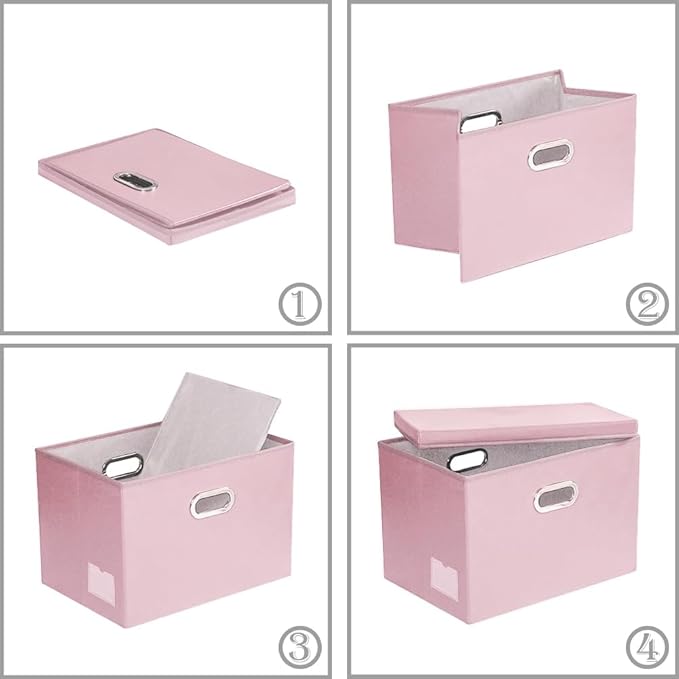 PRANDOM Collapsible Storage Bins with Lids [3-Pack] Leather Fabric Foldable Storage Boxes Organizer Containers Baskets Cube with Cover for Bedroom Closet Office Nursery Pink (14.9x10.8x10)