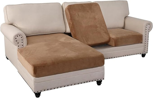 PrinceDeco Sectional Couch Covers 3 Pieces Velvet Sofa Covers L Shape Soft Couch Covers for Sectional Sofa Corner Sofa Cover Couch Cover for Dogs Washable (2 Seater + 1 Chaise,Camel)