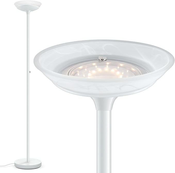 BoostArea Torchiere Floor Lamp, 24W Super Bright LED Standing Lamp, Stepless Dimmable Pole Lamp with 3000K Lighting, Glass Lampshade, 71Inch Tall Metal Modern Floor lamps for Living Room/Bedroom White