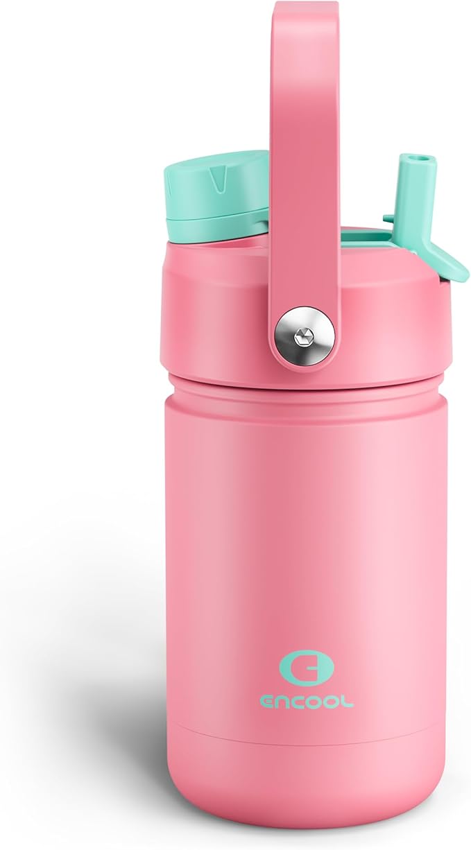 Kids Insualated Water Bottle with Straw - 12oz Stainless Steel Water Bottle with Dual Spouts, Leak-Proof, BPA-Free, Double Wall Vacuum Keeps Cold for 24 Hours for Sports, Travel, School (Tulip)