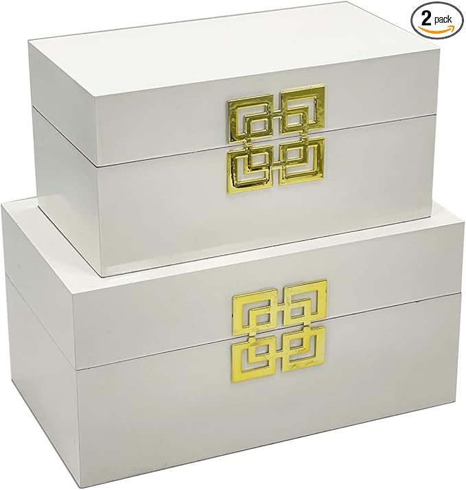 Galt International Large & Small Decorative Storage Box w/Hinged Lid - Classic Design Wood Decor Boxes with Geometric Opening Clasp - Home & Office Storage - Set of 2 (White + Gold)