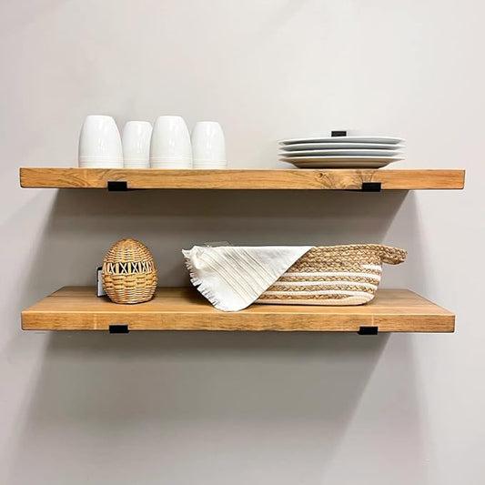Rustic Shelves with J-Brackets Set of 2, Industrial Shelf, Kitchen Shelves, Solid Wood, Decorative Wall Storage, Heavy Duty, URBANDI (Brown, 24Wx8D)