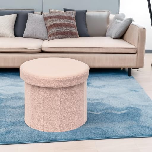 B FSOBEIIALEO Storage Ottoman Cube, Round Ottomans with Storage Foot Stool Footrest for Lving Room, Boucle Ottoman Seat for Dorm Room,Faux Teddy Fur, Pink 15"x15"x15"