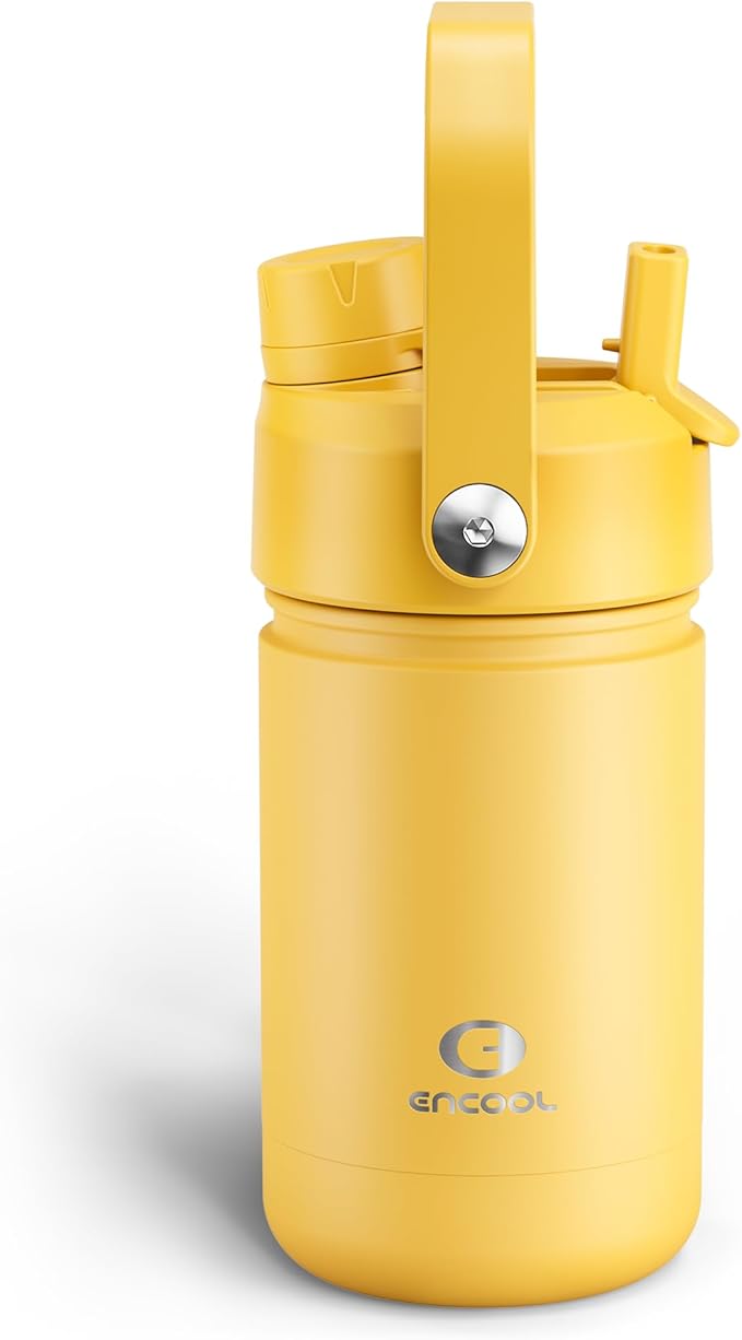 Kids Insualated Water Bottle with Straw - 12oz Stainless Steel Water Bottle with Dual Spouts, Leak-Proof, BPA-Free, Double Wall Vacuum Keeps Cold for 24 Hours for Sports, Travel, School (Elfin Yellow)