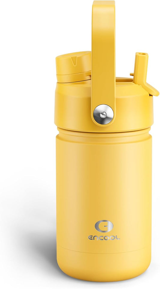 Kids Insualated Water Bottle with Straw - 12oz Stainless Steel Water Bottle with Dual Spouts, Leak-Proof, BPA-Free, Double Wall Vacuum Keeps Cold for 24 Hours for Sports, Travel, School (Elfin Yellow)