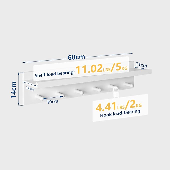 Wood Coat Hook with Wall-Mounted Shelf,23.62in Entryway Wall Hanging Shelf,for Bathroom, Kitchen,Coat Towel Key Organizer White YD-WS0260W