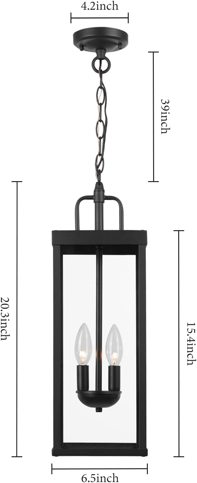 Large Outdoor Pendant Lantern Light Fixture for Front Porch, 20 Inch 2-Light Black Exterior Hanging Chandelier with Clear Glass, Outdoor Indoor Pendant Lamp for Patio, Gazebo, Entryway, Doorway