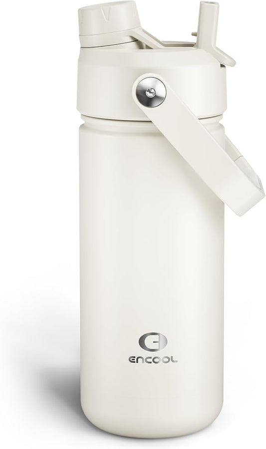Insulated Water Bottle with Straw Stainless Steel Water Bottle, Leak-Proof, BPA-Free, Double Wall Vacuum Keeps Cold for 24 Hours for Sports, Travel, School (18 oz, Cream Moon)