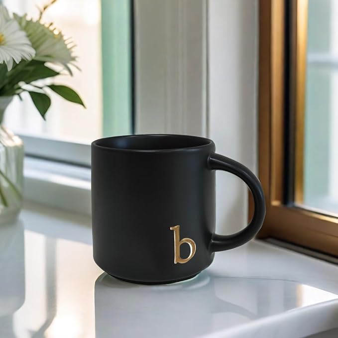 COLLECTIVE HOME - Black Monogram Ceramic Mugs, 15 oz Golden Initial Coffee Cups, Elegant Alphabet Tea Mugs, Personalized Halloween Mug with Gift Box, Perfect for Office and Home Décor (b)