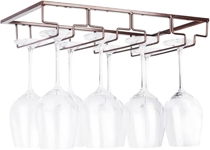 Wine Glass Rack Under Cabinet - Stemware Holder Metal Wine Glass Organizer Glasses Storage Hanger for Bar Kitchen Brown 4 Rows