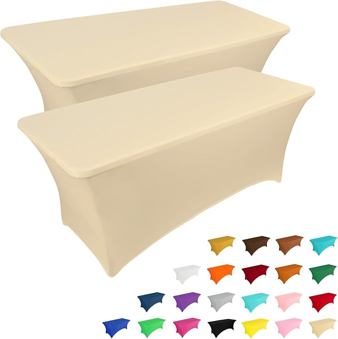 IVAPUPU 2 Pack 6FT Table Cloth for Rectangular Fitted Events Stretch Champagne Table Covers Washable Spandex Tablecloth Protector for Party, Wedding, Cocktail, Banquet, Festival