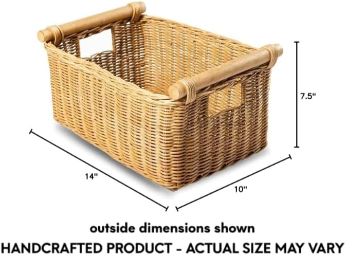 The Basket Lady Pole Handle Wicker Storage Basket, Small, 14 in L x 10 in W x 7.5 in H, Sandstone