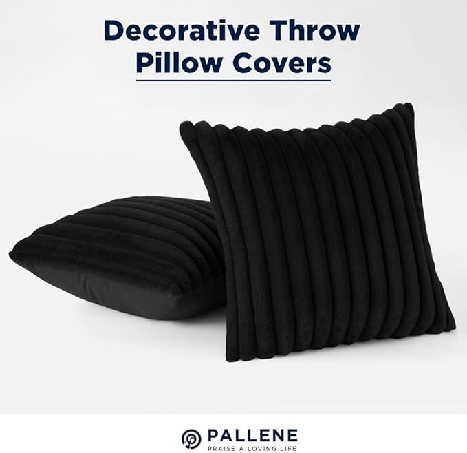 Pallene Faux Fur Plush Throw Pillow Covers 20x20 Set of 2, Luxury Soft Fluffy Striped Decorative Pillow Covers for Sofa, Couch, Living Room, Black