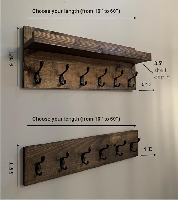 Coat Rack with Shelf Wall Mounted with Storage (Choose Your Length) Towel Rack Entryway Organizer Key Hooks (32" L (8 Hooks) Set of 2)