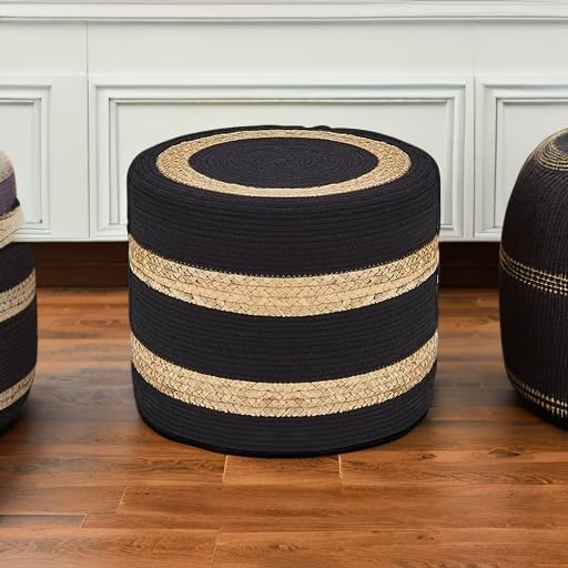 Wimarsbon 18'' Ottoman Pouf, Natural Braided Poof, Rustic Handweave Lounge Pouffe, Boho Footrest Stool for Bedroom, Accent Table or Seat for Living Room (Natural Water Hyacinth + Black Cotton Rope)