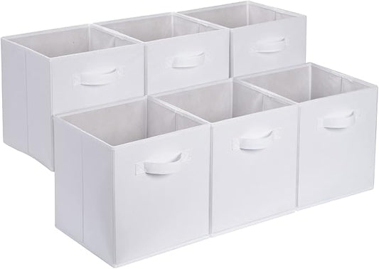 Amazon Basics Collapsible Fabric Storage Cubes Organizer with Handles, Sturdy, White, 10.5-x-10.5-x-11-inch, Pack of 6