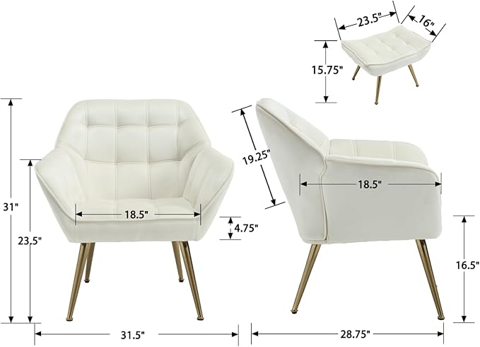 Modern Velvet Accent Chair with Ottoman, Upholstered Lounge Chair with Footrest, Comfy Living Room Chair with Gold Legs Accent Side Chair Armchair for Small Space Bedroom Apartment, Beige
