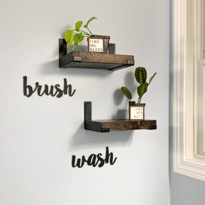 Rustic Shelves with J-Brackets Set of 2, Industrial Shelf, Kitchen Shelves, Solid Wood, Decorative Wall Storage, Heavy Duty, URBANDI (Dark Brown, 24Wx8D)