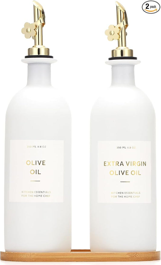 HOMCDALY Olive Oil Dispenser for Kitchen, 16oz Glass Oil Bottles with Bamboo Tray, Gold Oil&Vinegar Cruet Set, Kitchen Dispenser Bottles with Pourer | Set of 2 (16oz – Gold)